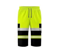 trending babz 3/4 Lenght Hi Viz High Visibility Safety Work Wear Multi Pockets 2 Tone Contrast Drawstring Reflective Tape Fleece Shorts Yellow Black