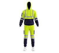trending babz Mens Hi Vis Cuffed Bottom Pull Over Sweatshirt 2PC Tracksuit Reflective Tape Band Jacket Trousers Hi Visibility Workwear Top & Bottom Set (XXL, Navy Yellow)