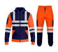 trending babz Mens Hi Vis Viz Zip Up Hooded High Visibility Tracksuit Zip Sweatshirt & Jogging Bottoms Joggers Reflective Tape Safety Work Full Set (XXL, Navy Orange)
