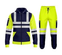 trending babz Mens Hi Vis Viz Zip Up Hooded High Visibility Tracksuit Zip Sweatshirt & Jogging Bottoms Joggers Reflective Tape Safety Work Full Set (XXL, Navy Yellow)