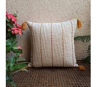 Trending Home Collection Cotton Textured with Manual Stripe Pattern Embroidery Stitched Zippered Tassel Cushion Cover (Ivory/Multi ) |16 X 16 Inches | Set of 2|