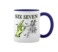Trending Six Seven Retro Bones and Grinch White Coffee Mug with Blue Rim & Handle