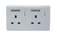 Trendi 2 Gang Artistic Modern Glossy Screwless Raised 13 Amp 240v Short 4 USB Type A Charging Points Double Chrome Switched Electrical Wall Plug Socket Platinum Silver - ART-SKT213USBSI