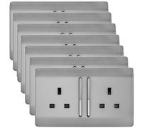 Trendi 2 Gang Artistic Modern Glossy 13 Amp Long Switched Tactile Plug Socket Stainless Steel (7 Pack)