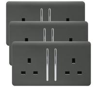 Trendi 2 Gang Artistic Modern Glossy 13 Amp Switched Plug Socket Charcoal (3 Pack)