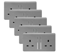Trendiswitch Trendi 2 Gang Artistic Modern Glossy 13 Amp Switched Tactile Plug Socket Light Grey (5 Pack)