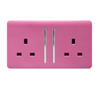Trendi 2 Gang Raised Artistic Modern Glossy Screwless 13 Amp Single Pole with Chrome Switched UK Standard Electrical Double Wall Plug Socket in Candy Pink - ART-SKT213LPK