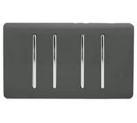 Trendi 4 Gang 2 way 240V Screwless Raised Front Twin Plate Plastic Artistic Modern Glossy 10 Amp Chrome Rocker Quad Electrical Wall Light Switch Charcoal Grey - ART-SS44CH