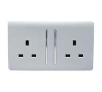 Trendi 2 Gang Raised Artistic Modern Glossy Screwless 13 Amp Single Pole with Chrome Switched UK Standard Electrical Double Wall Plug Socket in Platinum Silver - ART-SKT213LSI