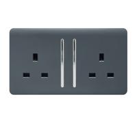 Trendi 2 Gang Raised Artistic Modern Glossy Screwless 13 Amp Single Pole with Chrome Switched UK Standard Electrical Double Wall Plug Socket in Warm Grey - ART-SKT213LWG