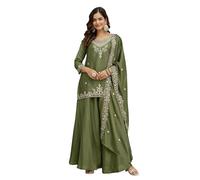 TRENDMALLS Women's Art Silk Embroidery Sequence Work Kurta Palazzo Set with Dupatta (G400-Mehndi-S)