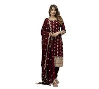 TRENDMALLS Women's Art Silk Embroidery Sequence work Kurta Pant Set with Dupatta for Women (G338-Maroon-L)