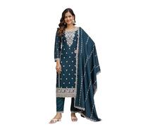 TRENDMALLS Women's Art Silk Embroidery With Sequence Work Kurta Pant with Dupatta For Women (G360-Morpeach-S)