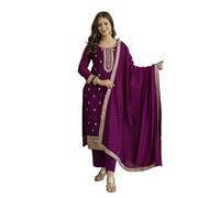 TRENDMALLS Women's Art Silk Embroidery With Sequence Work Kurta Pant with Dupatta For Women (G387-Purple-3XL)