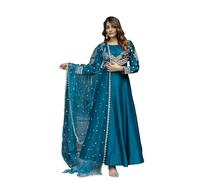 TRENDMALLS Women's Art Silk Embroidery Work Anarkali Kurta Pant with Net Dupatta Set For Women (G333-Morpeach-XXL)