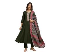 TRENDMALLS Women's Art Silk Hand Work Embroidery Anarkali Kurta Pant with Printed Dupatta Set (G356-Mehndi-L)