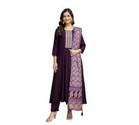 TRENDMALLS Women's Art Silk Hand Work Embroidery Anarkali Kurta Pant with Printed Dupatta Set (G357-Purple-S)