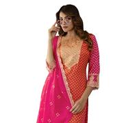 TRENDMALLS Women's Chiffon Embroidery Bandhani Print Salwar Suit Set Kurta Pant with Dupatta (G289-Orange-XXL)