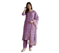 TRENDMALLS Women's Roman Chanderi Embroidery Kurta Pant with Dupatta Set (G383-Purple-L)