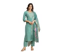 TRENDMALLS Women's Roman Silk Embroidery Kurta Pant with Dupatta Set (G372-Turquoise-L)