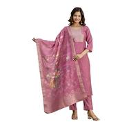 TRENDMALLS Women's Roman Silk Embroidery Kurta Pant with Floral Print Dupatta Set