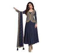 TRENDMALLS Women's Silk Blend Embroidery Shrug Pleated Kurta Pant Set with Dupatta (G250-Blue-XL)
