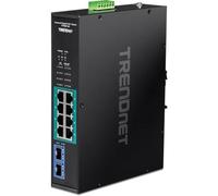 TRENDnet 10-Port Industrial Gigabit PoE+ Switch, WideTemperature Range -20° - 65°C (-4° - 149°F), DIN Rail Switch, 50-55V DC, 8 x Gigabit PoE+ Ports, 2 x Gigabit SFP Slots, TI-PGM102, Black