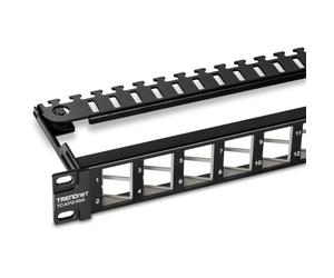 TRENDnet 24-Port Blank Angled Keystone Shielded 1U Patch Panel, TC-KP24SA, STP, Cat6A, Cat5, Cat5e, Cat6, 19” Rackmount Design, Black