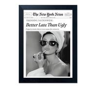 Trends Wall Art New York Poster Audrey Hepburn Wall Art Newspaper Better Late Than Ugly Poster Framed Black and White Retro Aesthetic Canvas Prints Feminist Girl Dorm Room Decor