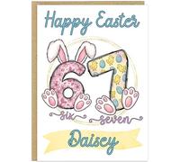 Trendy 67 Happy Easter Card for Kids - Personalised Fun Bunny Easter Cards - Personalised Children's Name Meme Six Seven Style Girls Greetings Card For Daughter Friend Niece (Design 6)