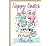 Trendy 67 Happy Easter Card for Kids - Personalised Fun Bunny Easter Cards - Personalised Children's Name Meme Six Seven Style Girls Greetings Card For Daughter Friend Niece (Design 1)