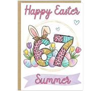 Trendy 67 Happy Easter Card for Kids - Personalised Fun Bunny Easter Cards - Personalised Children's Name Meme Six Seven Style Girls Greetings Card For Daughter Friend Niece (Design 7)