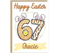Trendy 67 Happy Easter Card for Kids - Personalised Fun Bunny Easter Cards - Personalised Children's Name Meme Six Seven Style Girls Greetings Card For Daughter Friend Niece (Design 10)