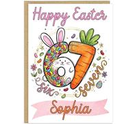 Trendy 67 Happy Easter Card for Kids - Personalised Fun Bunny Easter Cards - Personalised Children's Name Meme Six Seven Style Girls Greetings Card For Daughter Friend Niece (Design 3)
