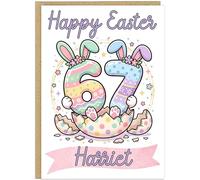 Trendy 67 Happy Easter Card for Kids - Personalised Fun Bunny Easter Cards - Personalised Children's Name Meme Six Seven Style Girls Greetings Card For Daughter Friend Niece (Design 11)