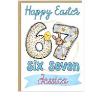 Trendy 67 Happy Easter Card for Kids - Personalised Fun Bunny Easter Cards - Personalised Children's Name Meme Six Seven Style Girls Greetings Card For Daughter Friend Niece (Design 5)