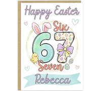 Trendy 67 Happy Easter Card for Kids - Personalised Fun Bunny Easter Cards - Personalised Children's Name Meme Six Seven Style Girls Greetings Card For Daughter Friend Niece (Design 12)