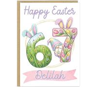 Trendy 67 Happy Easter Card for Kids - Personalised Fun Bunny Easter Cards - Personalised Children's Name Meme Six Seven Style Girls Greetings Card For Daughter Friend Niece (Design 4)