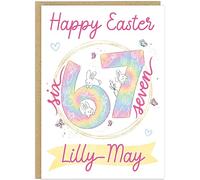 Trendy 67 Happy Easter Card for Kids - Personalised Fun Bunny Easter Cards - Personalised Children's Name Meme Six Seven Style Girls Greetings Card For Daughter Friend Niece (Design 2)