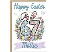 Trendy 67 Happy Easter Card for Kids - Personalised Fun Bunny Easter Cards - Personalised Children's Name Meme Six Seven Style Girls Greetings Card For Daughter Friend Niece (Design 8)