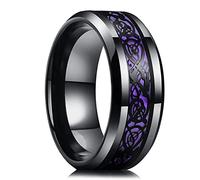 Trendy 8mm Black Groove Beveled Edge Black Tungsten Wedding Celtic Dragon Ring For Men Inlay Purple Carbon Fiber Ring