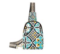 Trendy A Square Pattern Of An Arabesque Tile in Turquoise Black and White with Some Yellow Accents crossbody sling bags cute small crossbody bags for for travel, a square pattern of an arabesque tile