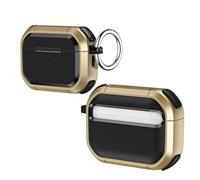 Trendy ABS Hard-shell ARMOUR Case Apple Air Pods Pro Gen 2 - Classy, Elegant, 360° Protection, Shockproof, Carabiner Clip, Flush Fit, Tough ABS, Wireless Charging (Gold)