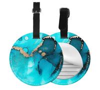 Trendy Abstract Teal Gold Swirls,Luggage Tags Pu Leather Name Tag Travel Suitcase Identifier ID Tags Durable Baggage Label 2 pcs