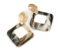 Trendy Black/White Glitter Acrylic Square Earrings In Gold Tone - 70mm Long
