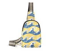 trendy Blue and Gold Japanese Waves fanny pack cross multipurpose leather fanny pack crossbody for hiking, Blue and gold Japanese waves