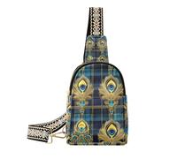 Trendy Blue and Gold Peacock Feather Check chest bag for cute for women fanny pack for travel, Blue and gold peacock feather check, One Size