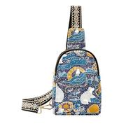 trendy Boho Space Polar Bear women fanny pack leather sling backpack sling bag for hiking, boho space polar bear
