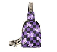 trendy Butterflies Black Purple Checkered Pattern cross body bag cute fanny packs for women for day pack