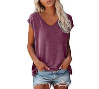 Trendy Cap Sleeve Tops for Women Loose Fit Casual T Shirts Summer Solid Tees Shirts Cute Basic Ladies Tee Shirts 2026 Vintage Tshirt Going Out V Neck Baggy Red